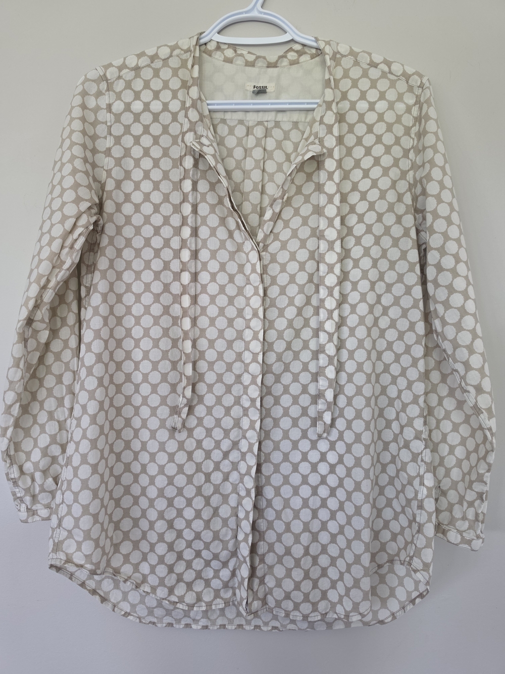 Fossil Beige and White Polka Dot Button-Down Blouse Women's Small.